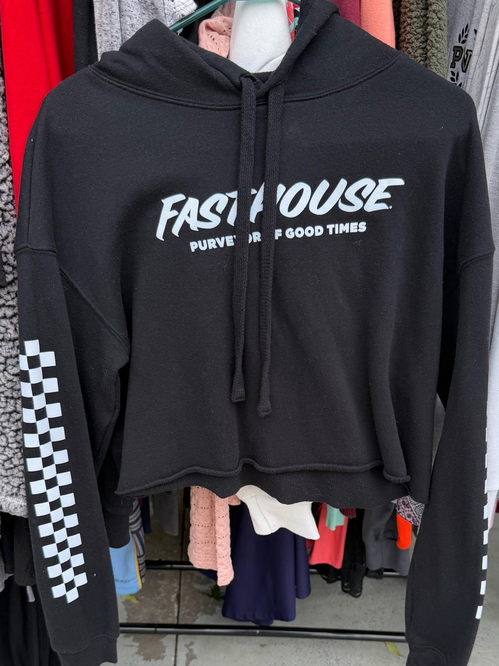 Fasthouse Women's Black Cropped Hoodie with Checker Sleeve